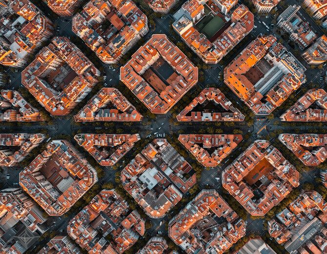 Aerial view of the residential Eixample district of Barcelona, Catalonia, Spain