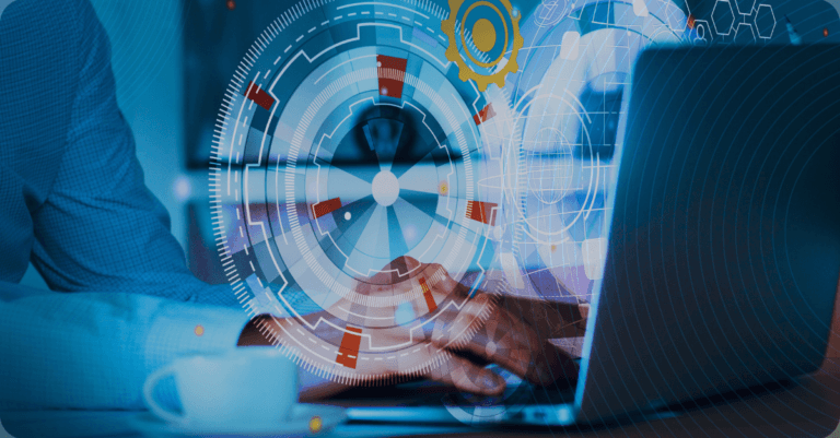 A person's hands typing on a laptop with a futuristic digital interface overlayed on the screen, with a cup of coffee in the foreground.