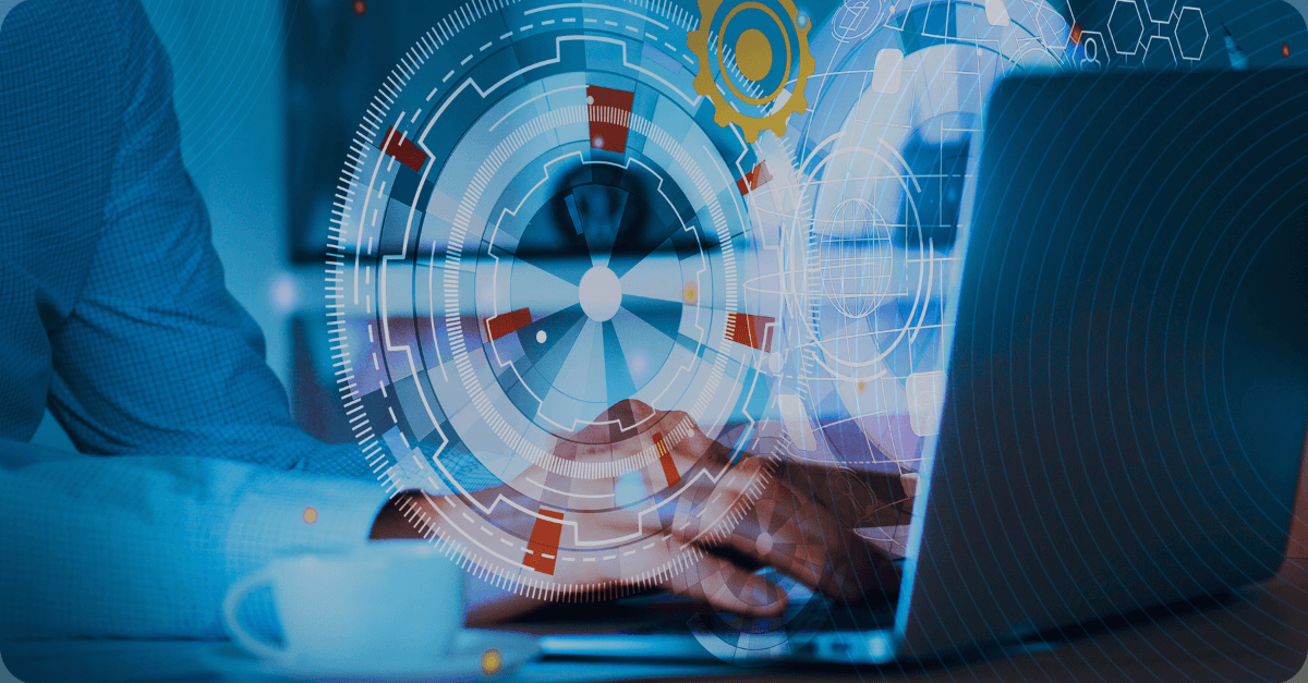 A person's hands typing on a laptop with a futuristic digital interface overlayed on the screen, with a cup of coffee in the foreground.